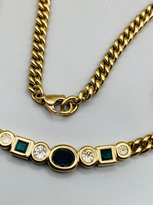 Collier Pierre Lang vintage – doré & pierres vertes, bleu, critaux