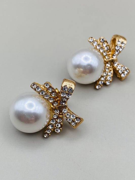 Boucles d’oreilles vintage – perles fantaisie & nœud strass