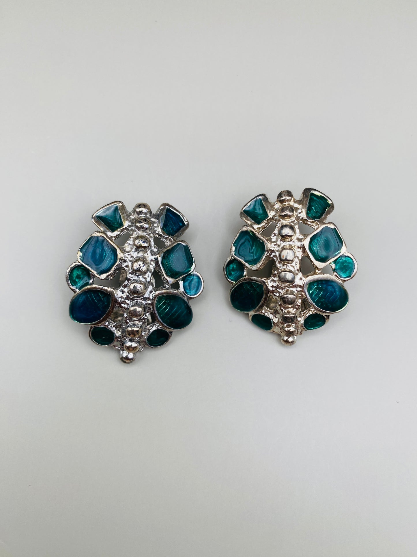 Clips Vintage argentés et verts, style mosaïque