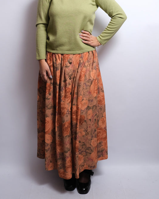 Jupe Longue Vintage en Viscose – Imprimé Fleurs Automnales