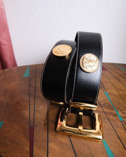 Ceinture Escada vintage en cuir noir et métal doré — Made in Western Germany