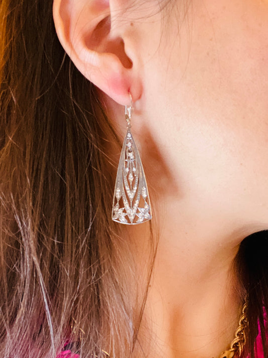 Boucles d’oreilles Art déco en argent 925 – Motifs ajourés & pierres blanches