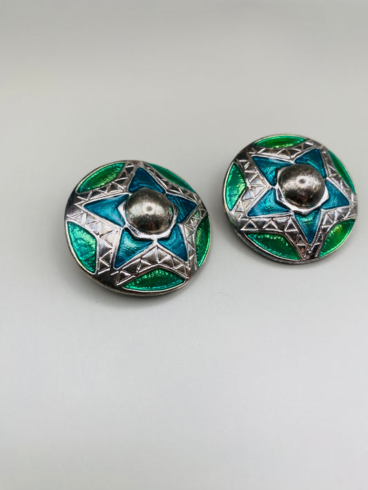 Clips Vintage ronds argentés émaillés vert et bleu étoile