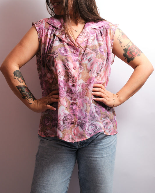 Chemisier vintage fait main — roses poudrées & transparence légère