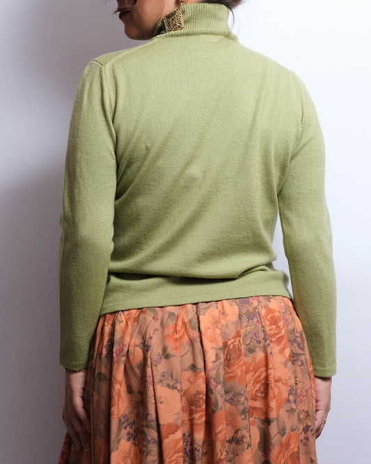 Pull Vintage en Cashmere et Soie – Col Roulé – Vert Sauge