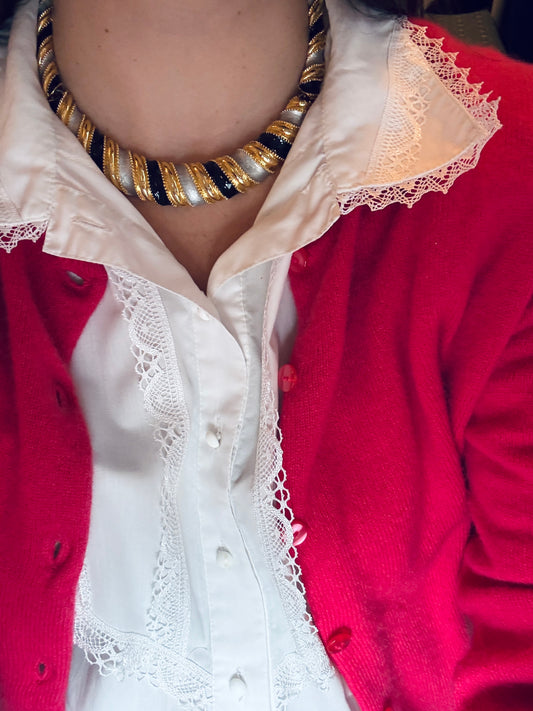 Collier Vintage Sculptural Tricolore — Noir, doré & Argenté (années 80-90)