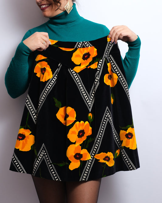 Jupe Vintage Années 60 – Velours Épais Fait Main – Motif Fleurs Jaunes