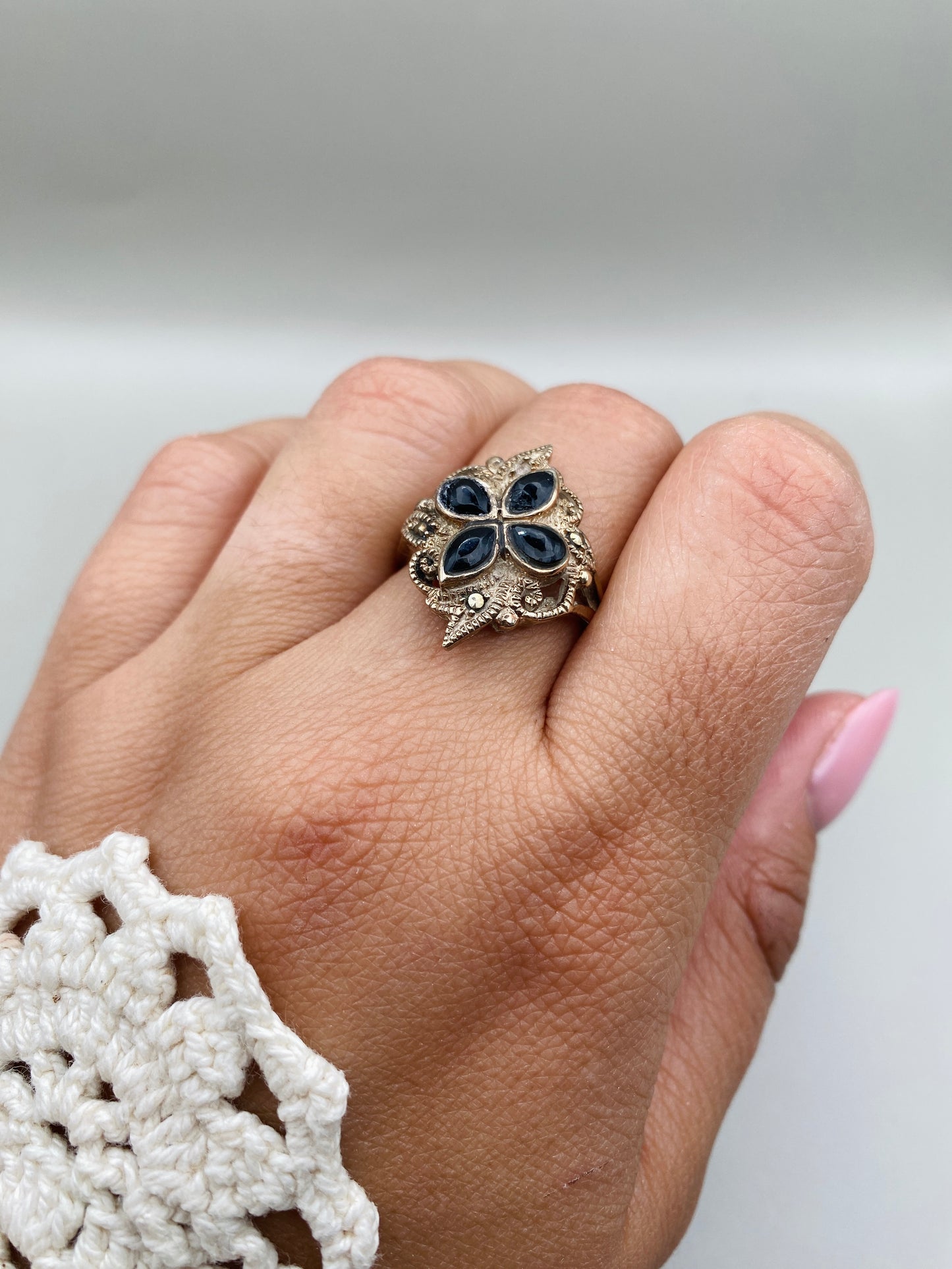 Bague Antique 1920 VERMEIL onyx et marcassites (Pforzheim)