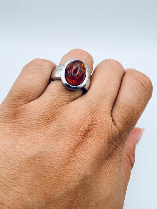 Bague vintage en argent 925 et ambre synthétique cognac