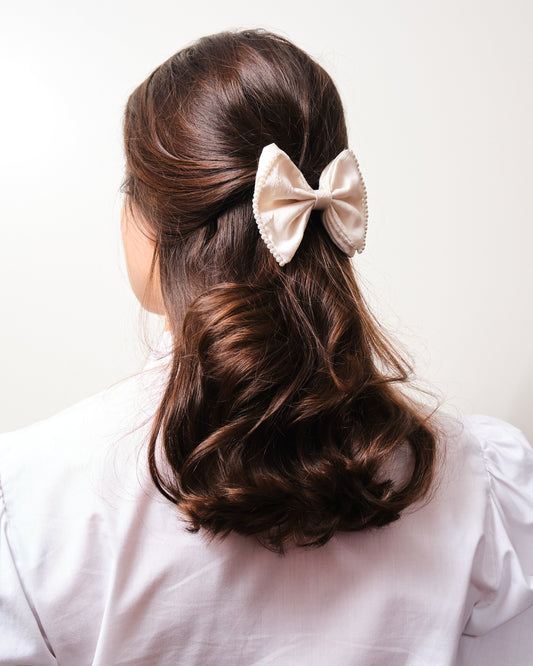 Barrette Noeud Fait main Soie sauvage et perles