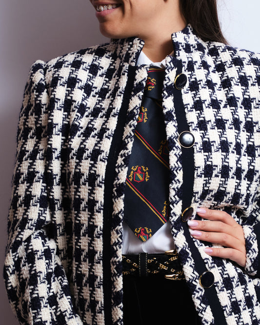 Veste en tweed pied-de-poule bleu marine & écru – Boutons dorés – Années 80