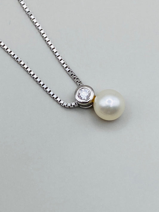 Collier vintage perle & zircon sur or 18k et argent 925