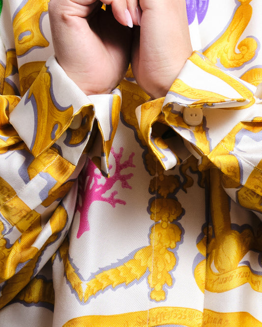 Chemise vintage en soie – imprimé baroque & coquillages, pièce artisanale