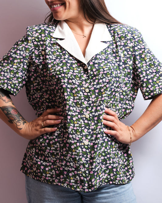 Chemisier vintage en pure soie — imprimé floral années 70