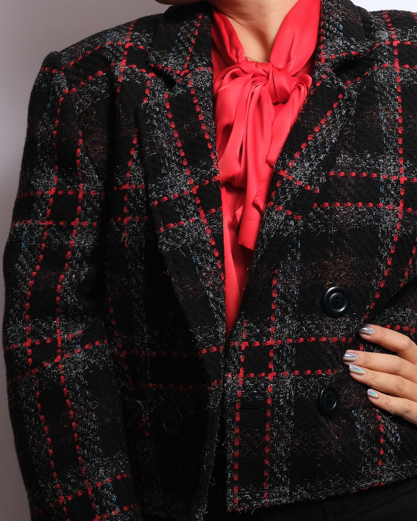 Blazer Vintage en Laine – Motif Carreaux Rouge & Noir – Années 70