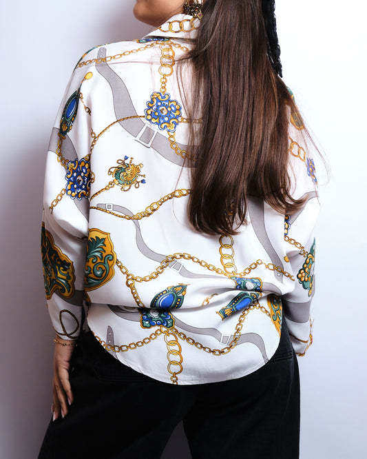 Chemisier vintage imprimé chaînes 90s– esprit foulard, pièce statement