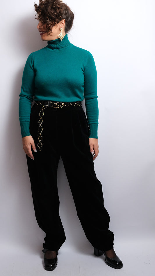 Pantalon Vintage Années 80 – Velours Noir Épais & Ceinture Assortie