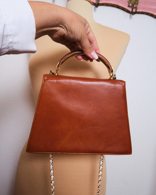 Sac vintage structuré en cuir cognac — années 60/70