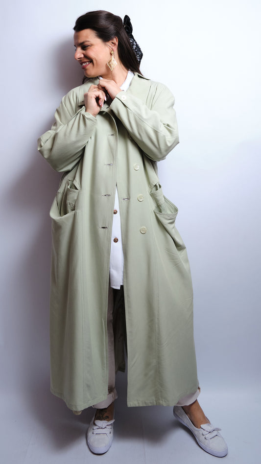 Trench coat vintage 90s – vert sauge, coupe fluide, ultra léger