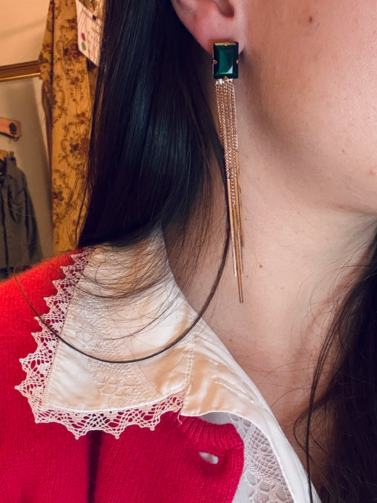 Boucles d’oreilles vintage pendantes – cabochon vert émeraude