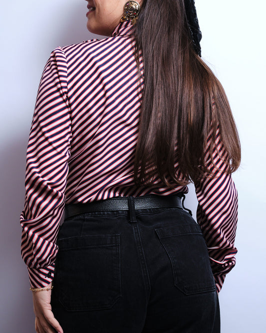 Chemisier vintage à rayures 70s– lavallière, esprit rétro chic