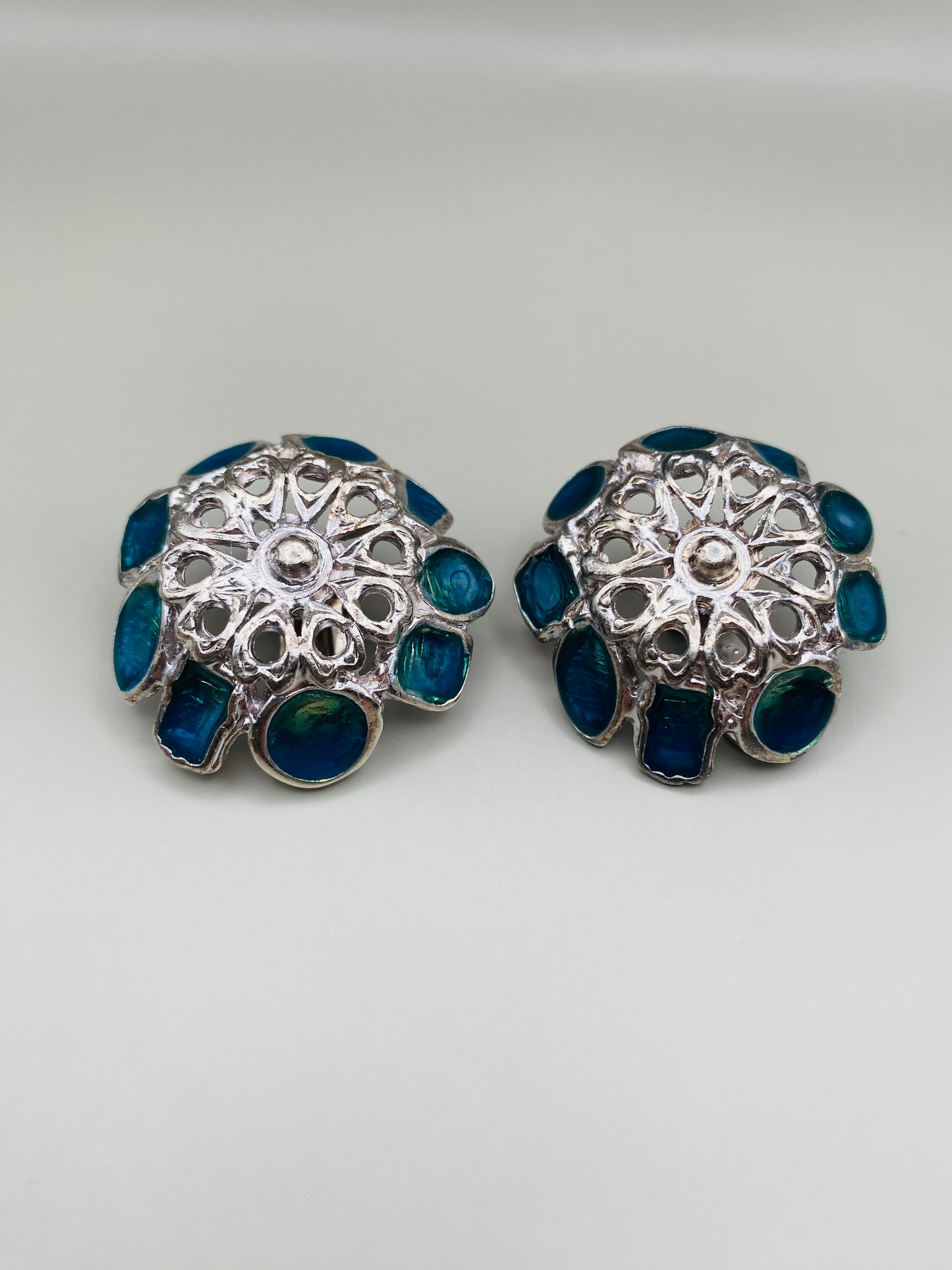 Clips Vintage émaillés bleu vert