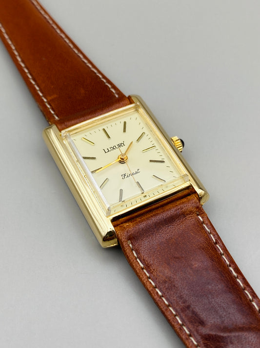 Montre Vintage Luxury Finest 80s – Mouvement automatique, dorée avec bracelet cuir neuf