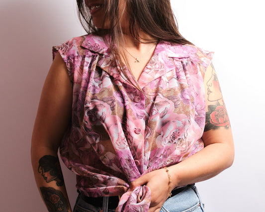 Chemisier vintage fait main — roses poudrées & transparence légère