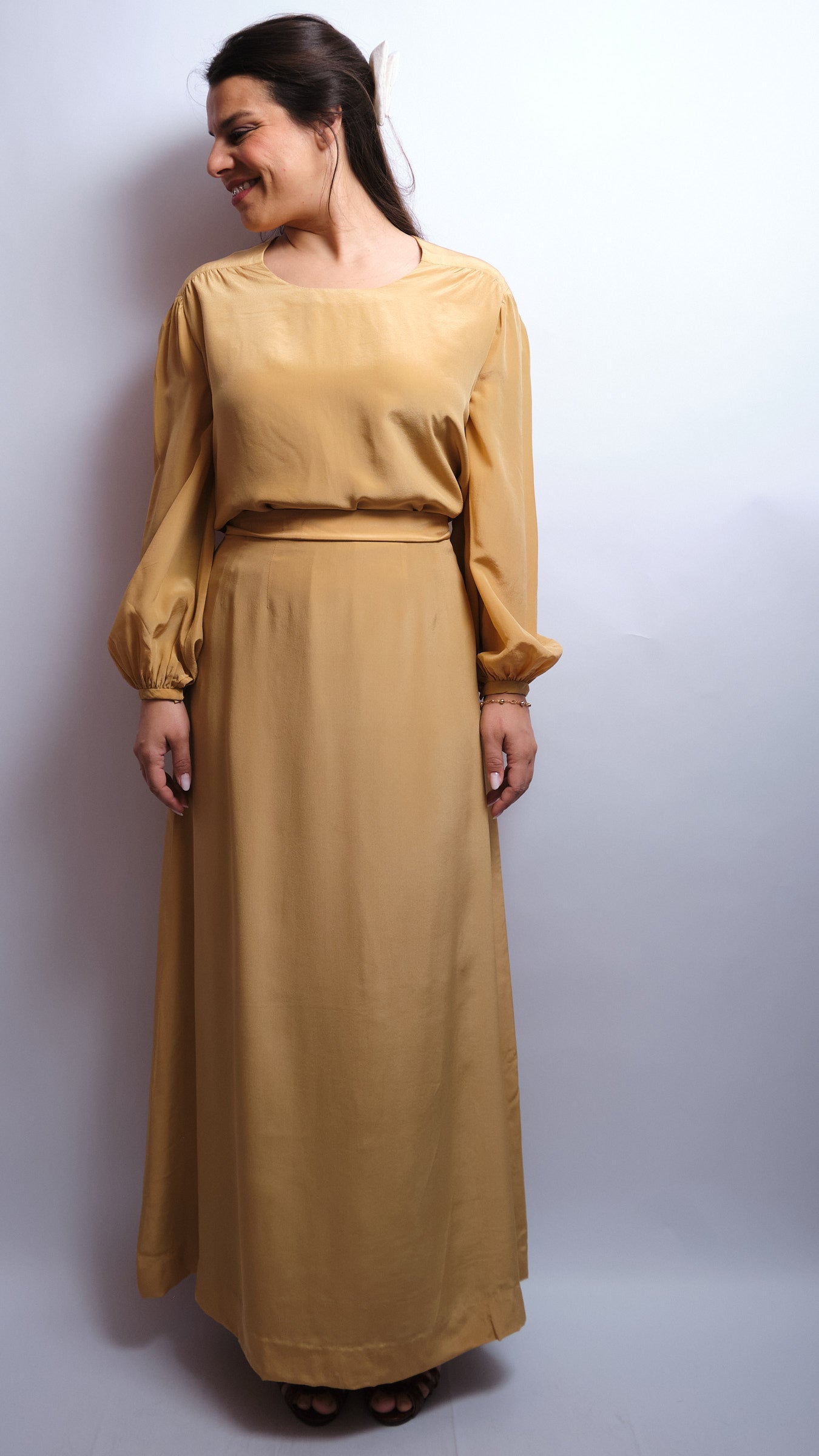 Ensemble vintage en soie sur mesure – 3 pièces, années 60