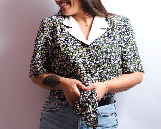 Chemisier vintage en pure soie — imprimé floral années 70