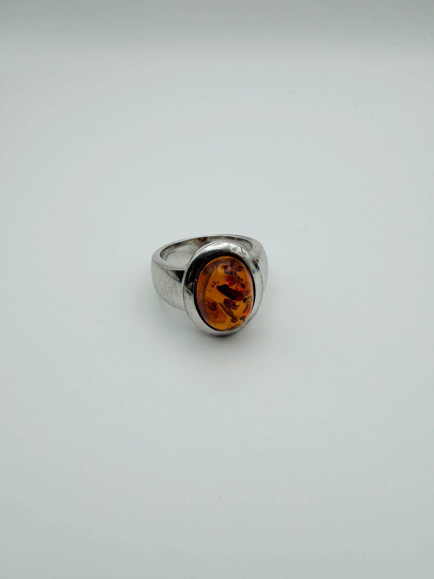 Bague vintage en argent 925 et ambre synthétique cognac