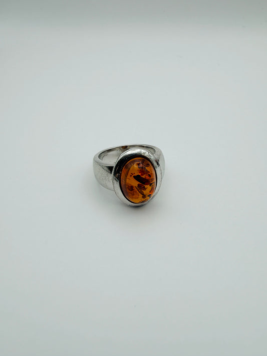 Bague vintage en argent 925 et ambre synthétique cognac