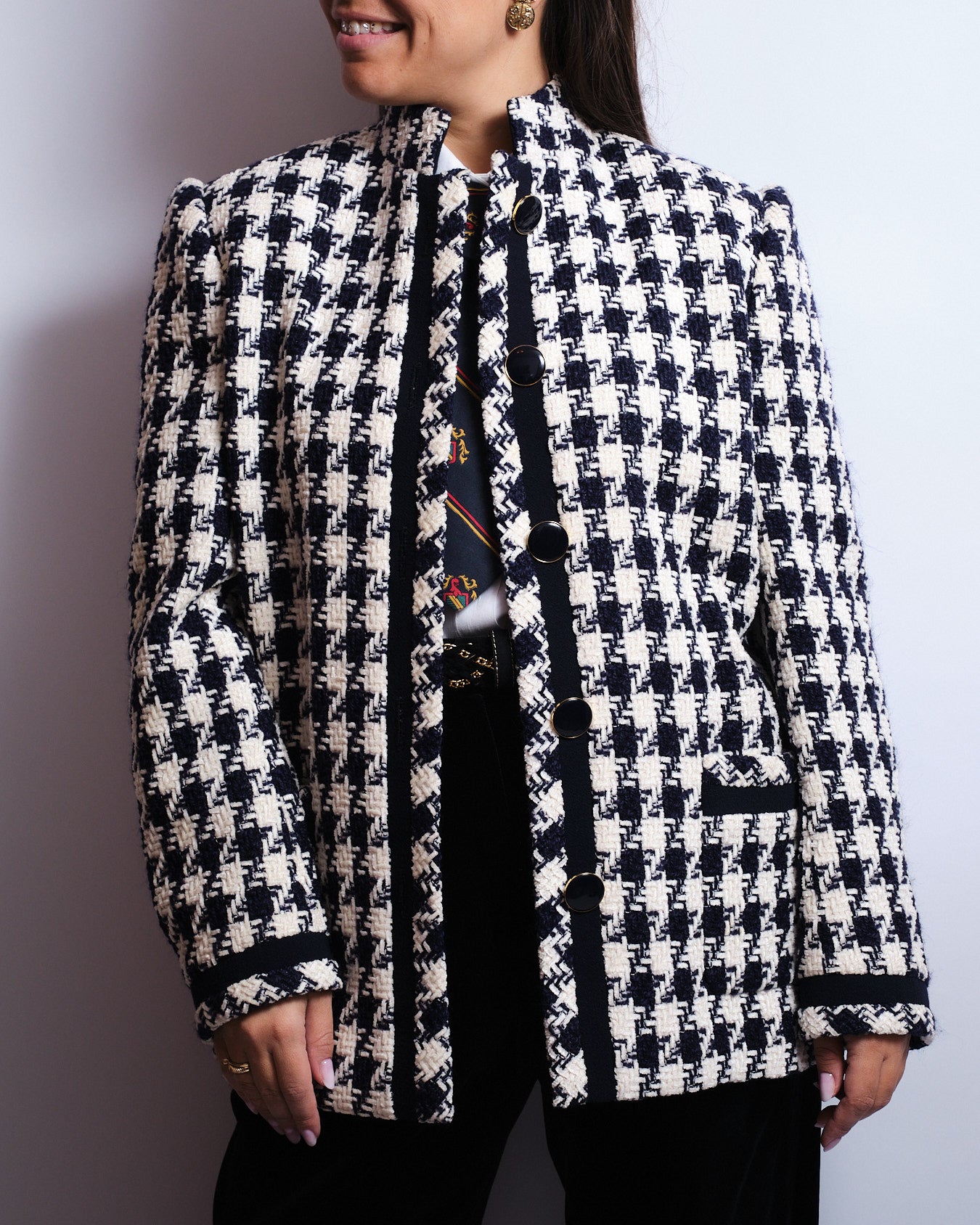 Veste en tweed pied-de-poule bleu marine & écru – Boutons dorés – Années 80