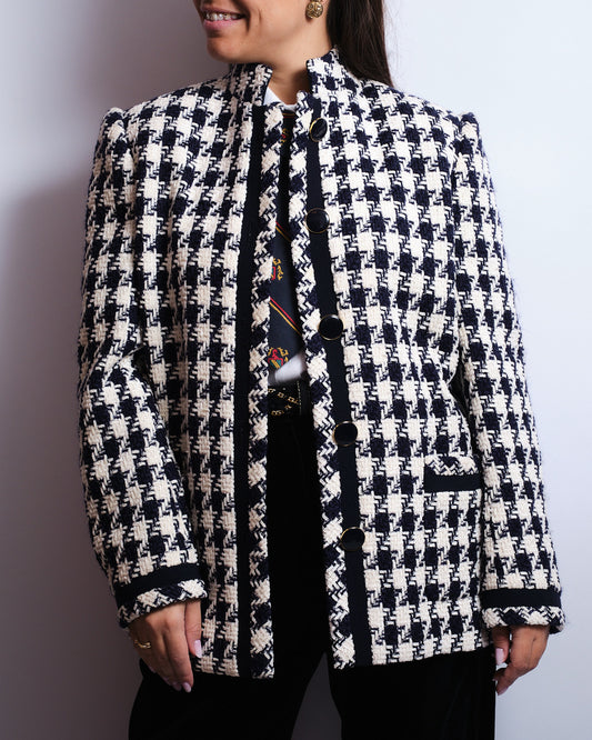 Veste en tweed pied-de-poule bleu marine & écru – Boutons dorés – Années 80