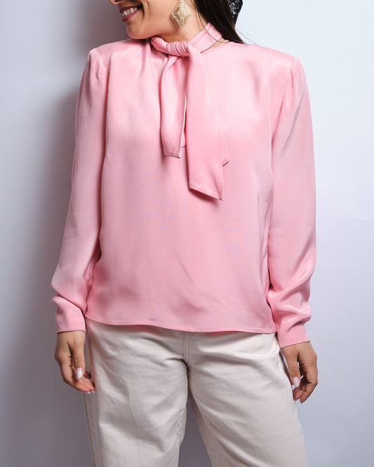 Chemisier vintage en soie – rose, lavallière amovible, pièce artisanale faite main