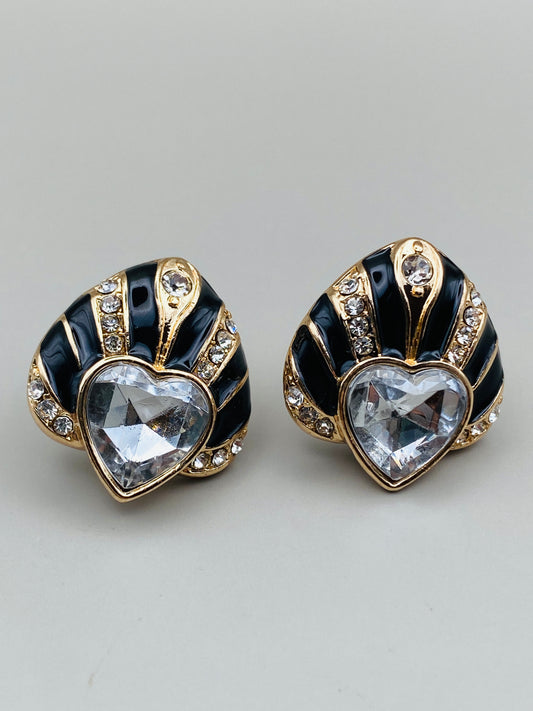 Boucles d’oreilles vintage cœur – Émail noir & cristaux