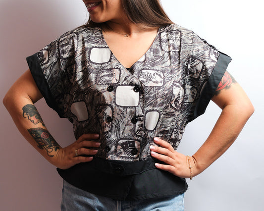 Top vintage années 90 — esprit arty monochrome fait main