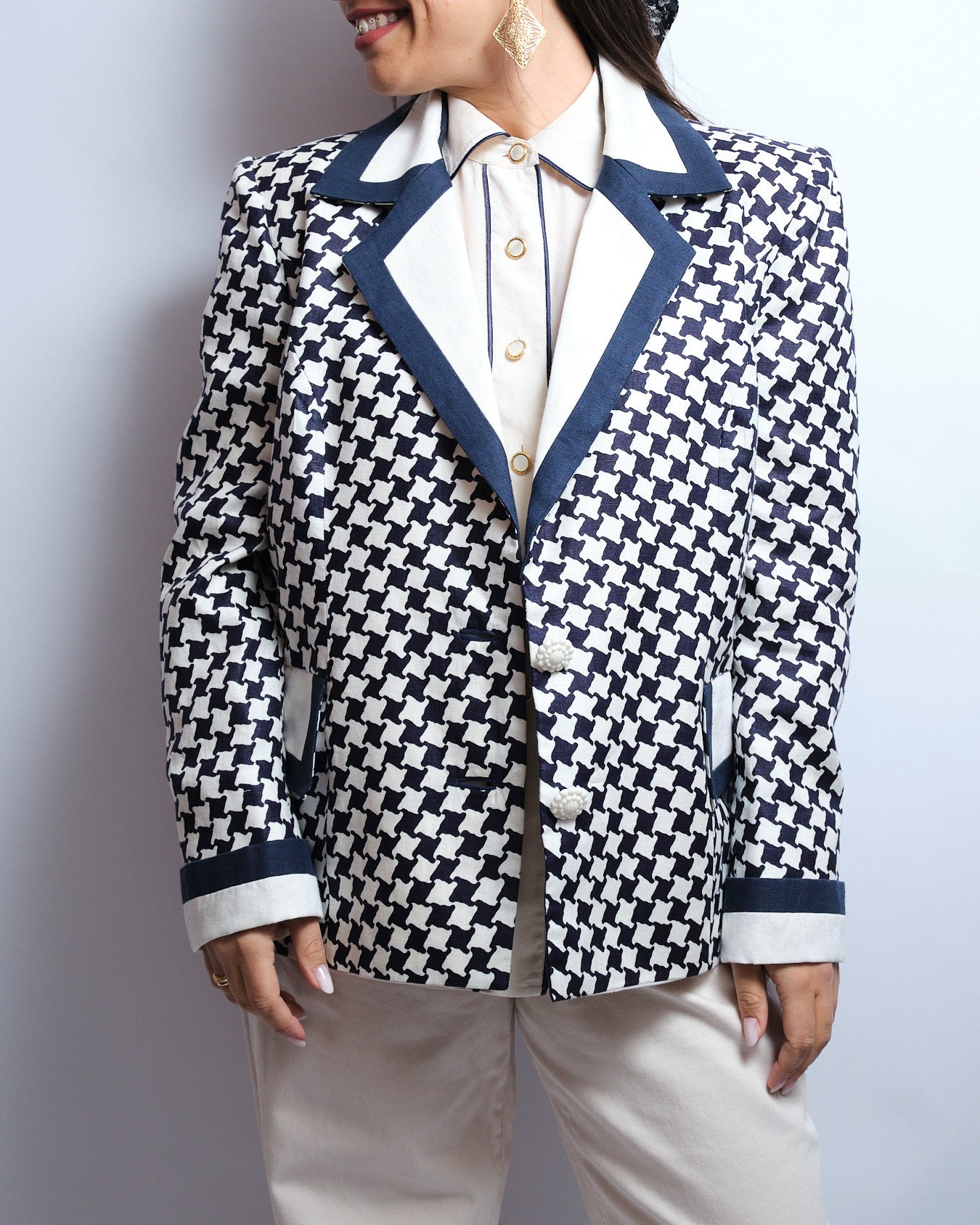 Blazer vintage motif pied-de-poule – fin 80s / début 90s fait main