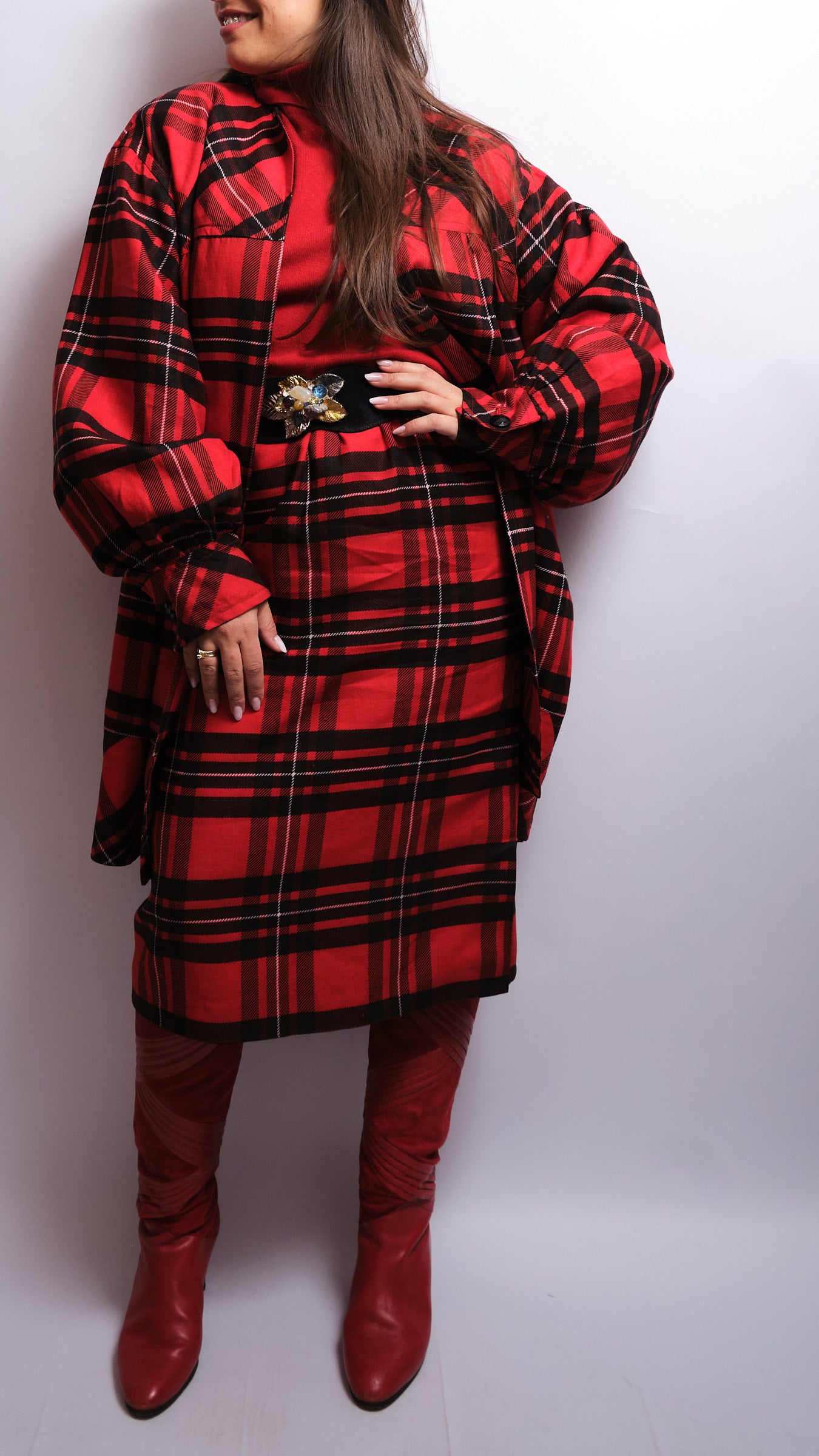 Tailleur jupe vintage tartan rouge – fait main, années 80 / 90