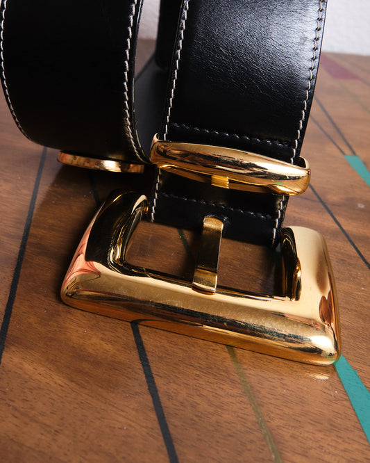 Ceinture Escada vintage en cuir noir et métal doré — Made in Western Germany
