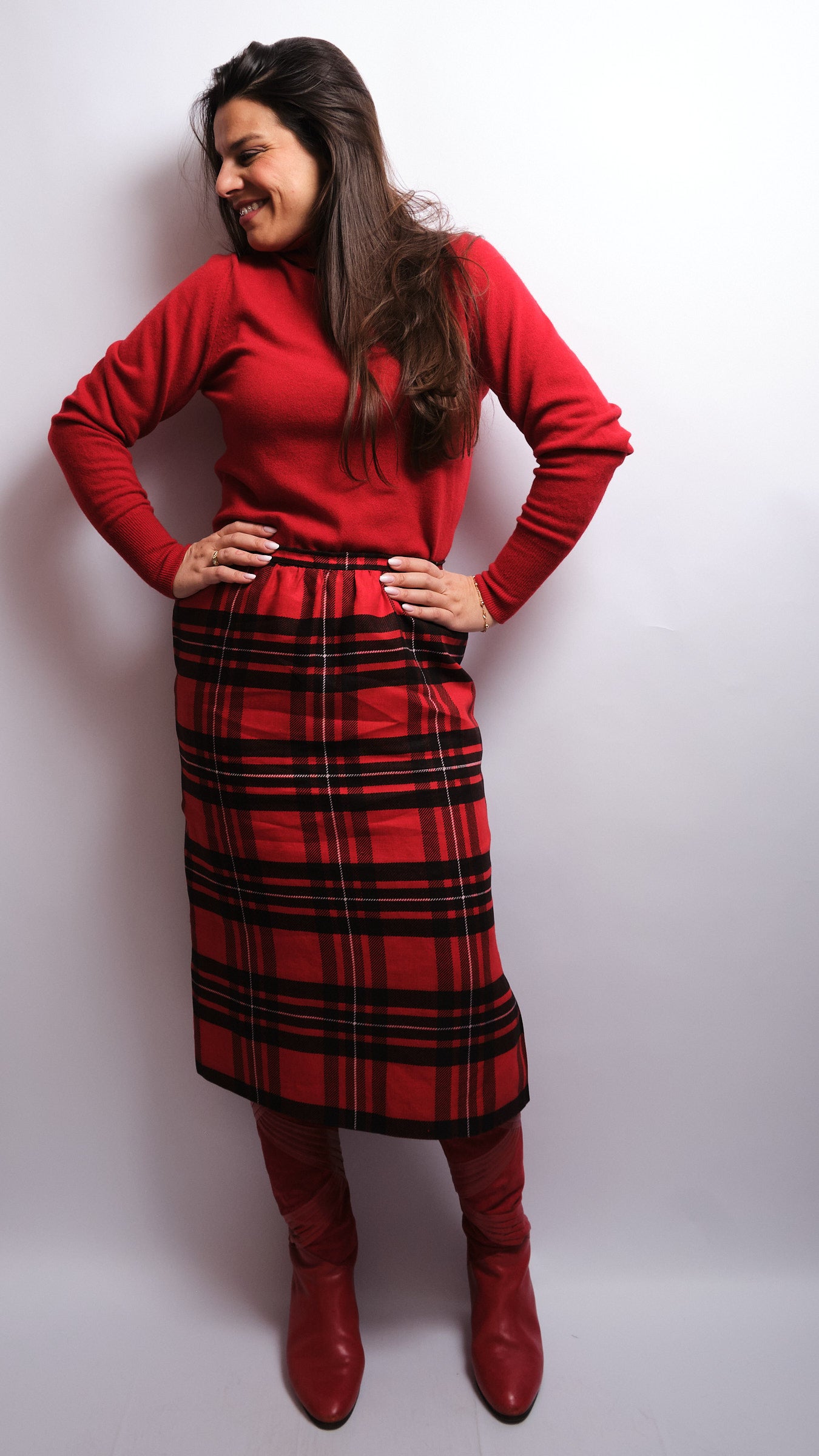 Tailleur jupe vintage tartan rouge – fait main, années 80 / 90