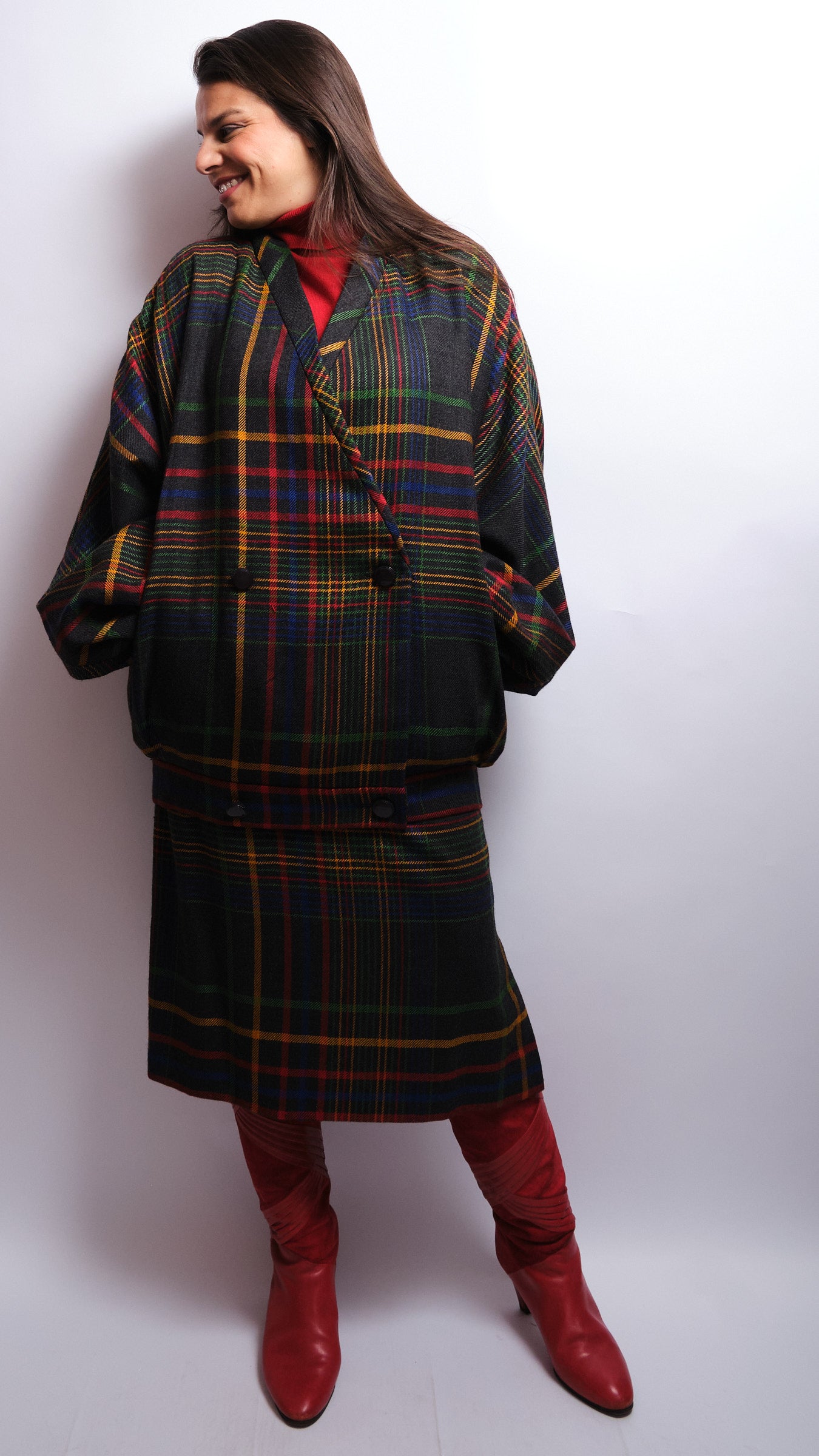 Tailleur jupe vintage tartan multicolore – laine fine, fait main, années 80 / 90