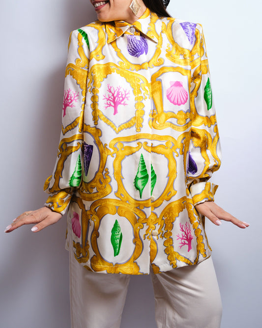 Chemise vintage en soie – imprimé baroque & coquillages, pièce artisanale