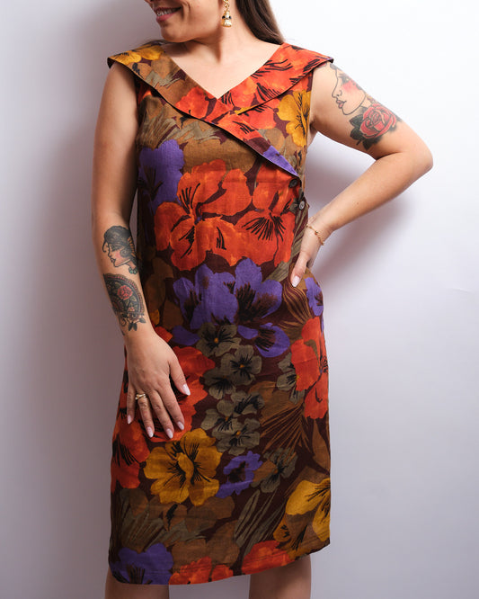 Robe vintage en lin 90s MARINA RINALDI – imprimé floral audacieux