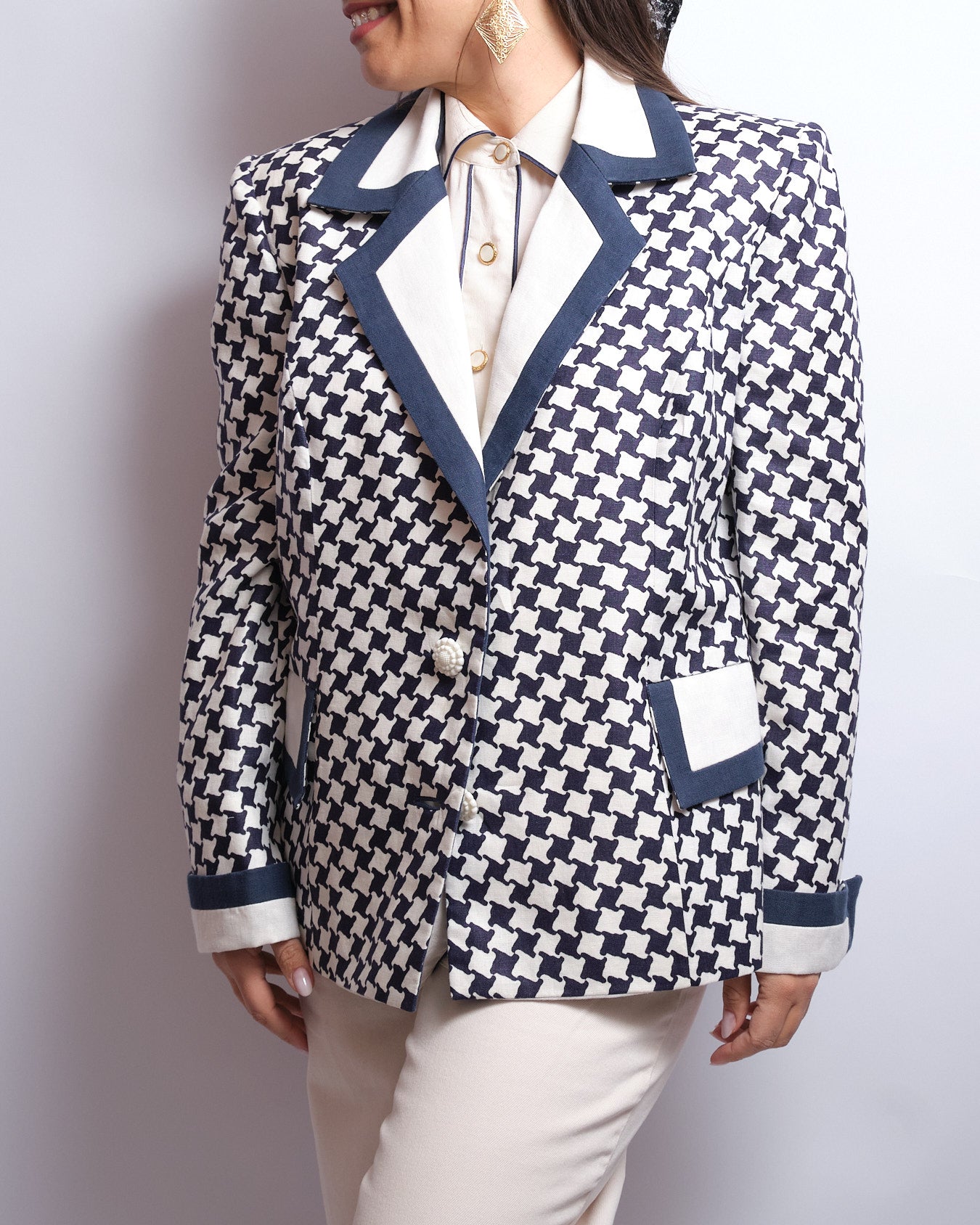 Blazer vintage motif pied-de-poule – fin 80s / début 90s fait main
