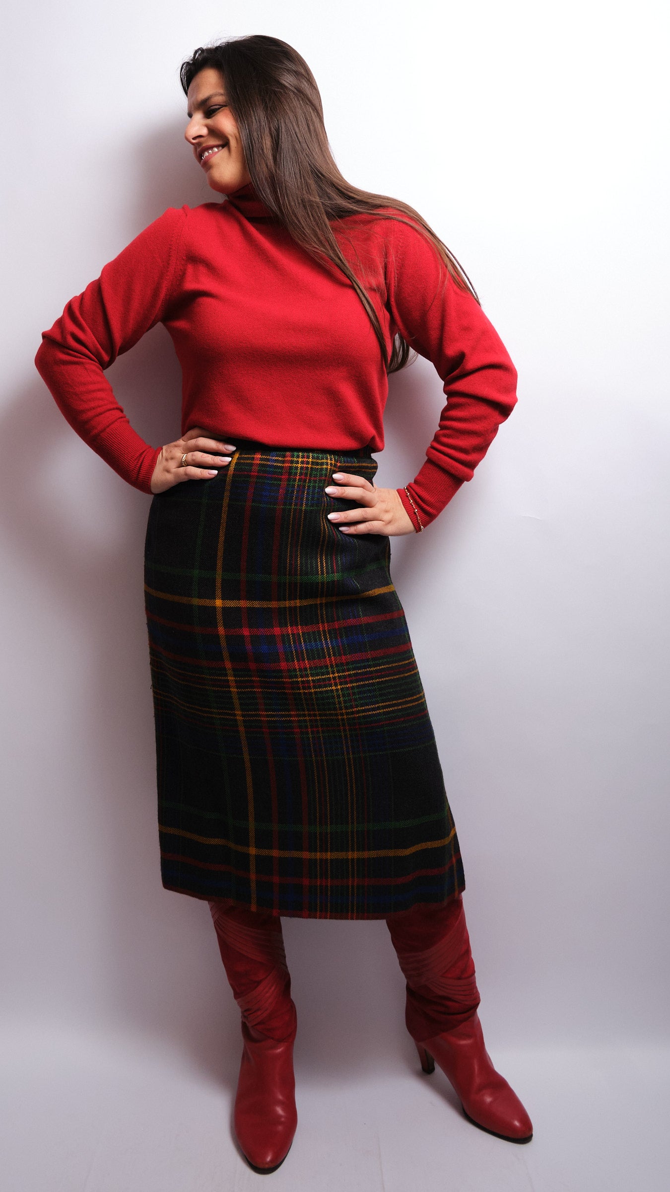 Tailleur jupe vintage tartan multicolore – laine fine, fait main, années 80 / 90
