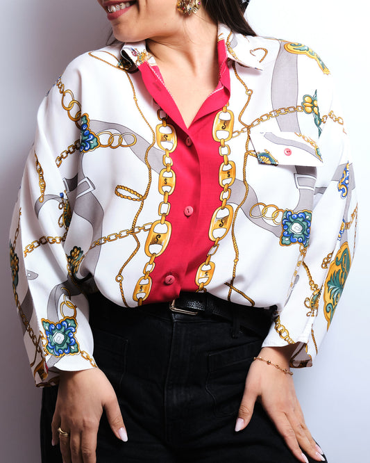 Chemisier vintage imprimé chaînes 90s– esprit foulard, pièce statement