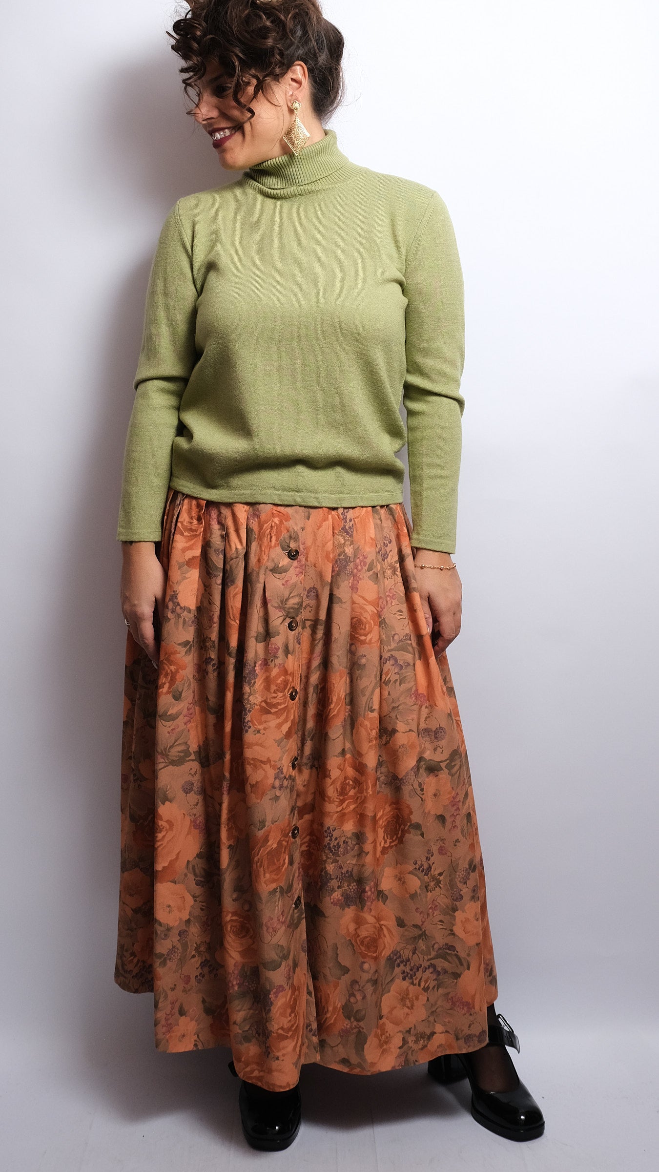 Jupe Longue Vintage en Viscose – Imprimé Fleurs Automnales