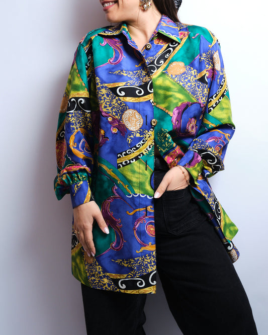 Chemisier vintage en soie – imprimé baroque vibrant & allure couture
