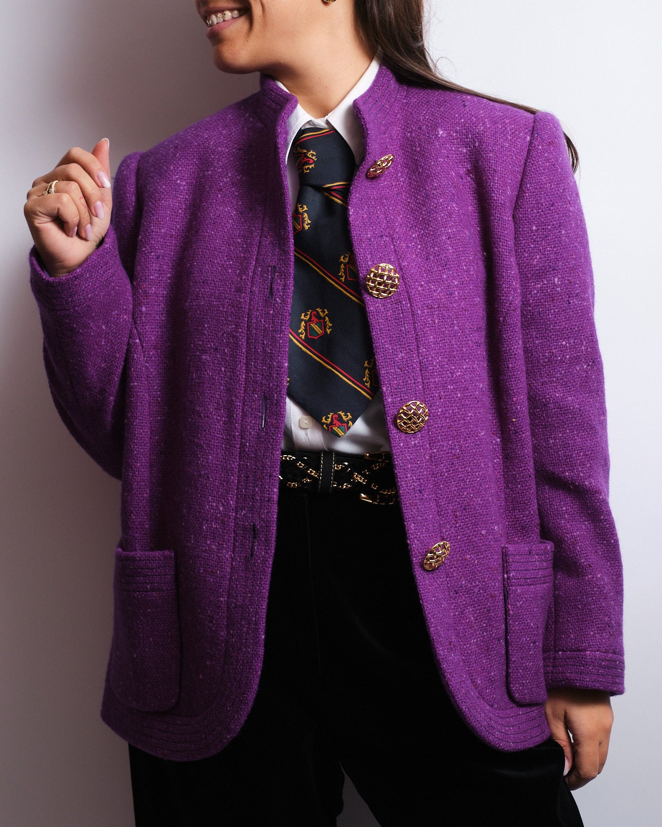 Veste en laine violette – Boutons dorés tressés – Années 80